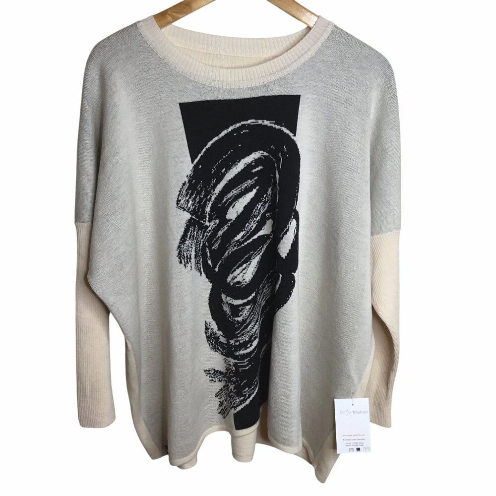 ARCTIC QUEEN 100% Merino Wool Cream Abstract Art Oversized Luxury Sweater NWT